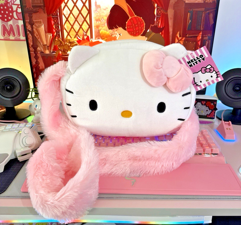 Hello Kitty Purse Crossbody Pink Bow Plush Face Large Fur Strap 2024 Sanrio